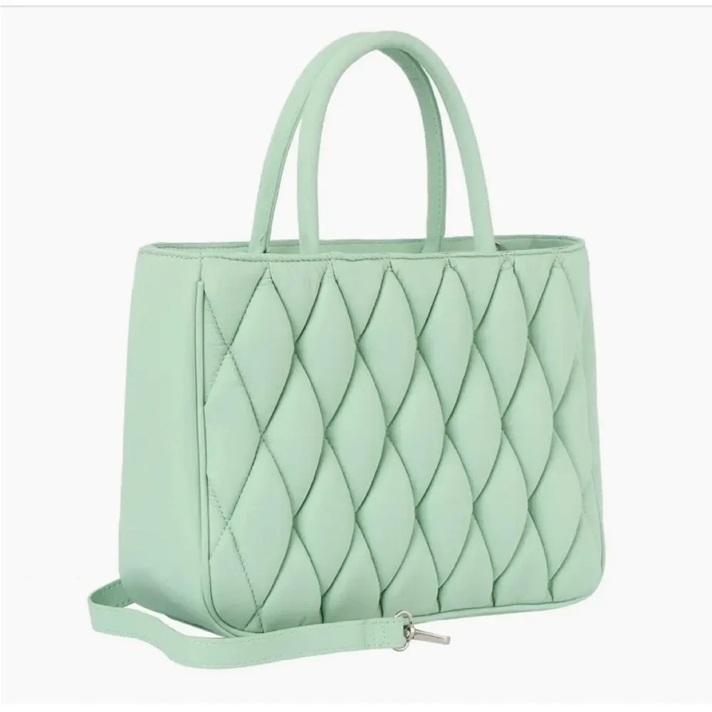 Ecostitch vegan leather Mint Grn puffy woven Tote top handles cross body strap